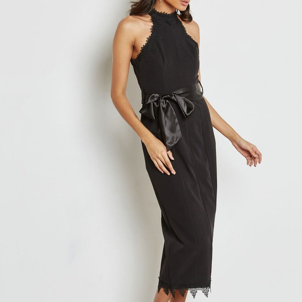 Lumiere Black Lace-Trim Halter Midi Dress with Satin Waist Tie - Picture 1 of 4